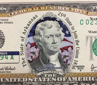 2003 A $2 TWO - Dollar Bill Federal Reserve Note ARKANSAS STATEHOOD COLORIZED 4