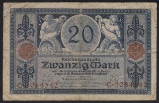 1915 20 Mark Wwi German Rare Vintage Paper Money Banknote Currency Antique F