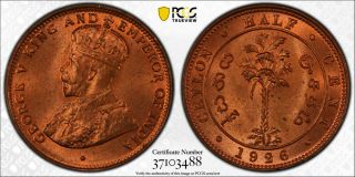 1926 Ceylon 1/2 Cent Pcgs Ms65 Red