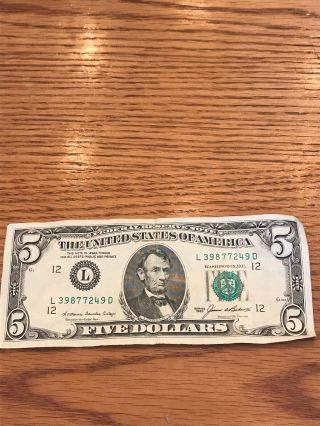1985 5 Dollar Bill Federal Reserve Note L39877249d San Francisco,  California