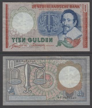 Netherlands 10 Gulden 1953 (f - Vf) Banknote P - 85