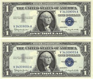 (2) 1957 B $1 Silver Certificates Consecutive Serial Numbers Cu Uncirculated
