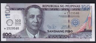 2013 Philippine 100 Pesos Nds Shell 100th Year Ovpt Star/ Replacement Note Unc