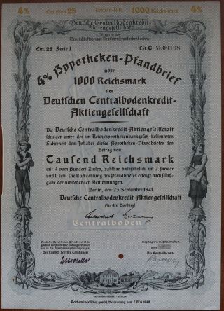 1000 Reichsmark 1941 Treasury Bond Of Germany - Series: 09108