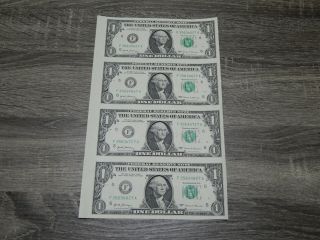 Uncut Sheet Of (4) U.  S.  $1 One Dollar Bills With The Left Borders Attached -