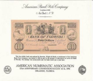 Abnc Souvenir Card So 103 Ana 1992 1843 Bank Of Florida $4 Obsolete Note Train