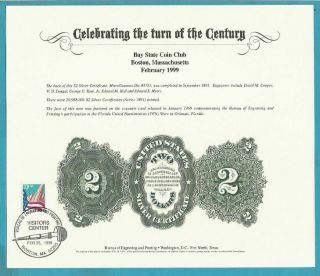 Bep Souvenir Card B 232 Bay State 1999 V/c Cancel Back 1891 $2 Silver Certif