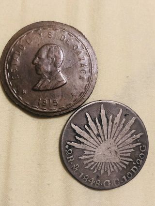 Mexico Set 2 Coins - 20 Cent Oaxaca 1915 Au/unc & 2 Reales Mo 1848 Gc Fine
