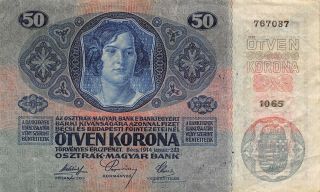 Austria Hungary Empire 50 Kronen 2.  1.  1914 Series 1065 Circulated Banknote Ej25