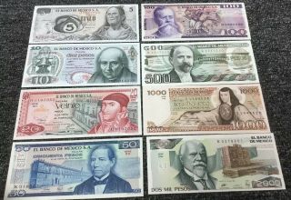 El Banco De Mexico 8 Piece Set 5 - 2000 Pesos All Crisp Uncirculated,  3685 Pesos