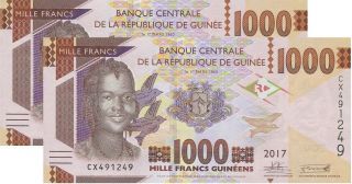 Guinea 1000 Francs 2017 Unc,  P - 48b,  Consecutive Pair