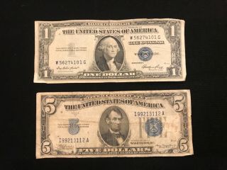 1934 - 35 $1 & $5 Silver Certifcate Blue Seal U.  S.  One & Five Dollar Bill