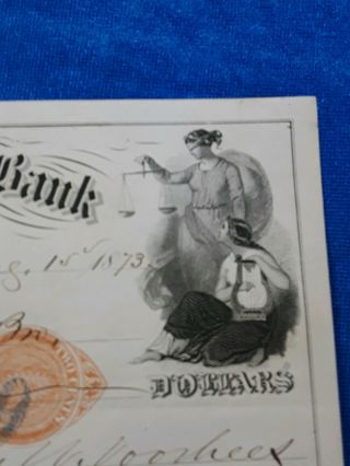 Bank Check,  1873 obsolete note from Clinton Bank of Jersey,  Gorgeous Artwork 2