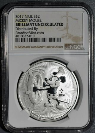 2017 Niue 1oz.  999 Silver Disney Mickey Mouse,  Ngc Brilliant Uncirculated,  Dx60