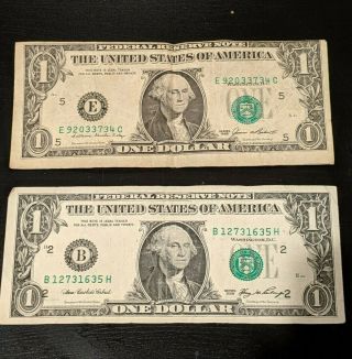 One Dollar Bill Error Notes.  Two One Dollar Bills Off Center.  $1.