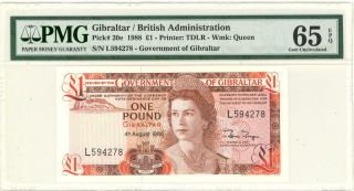 Gibralter 1 Pound Currency Banknote 1988 Pmg 65 Gem Unc