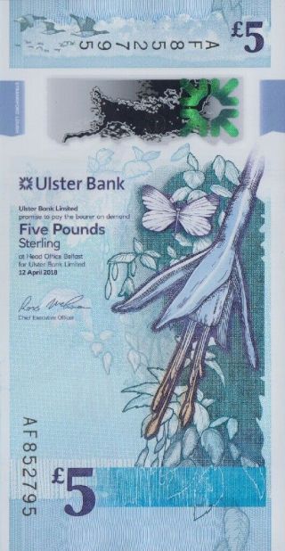Uk Northern Ireland Ulster Bank 5 Pounds 2018 P - Unc Polymer Living Nature