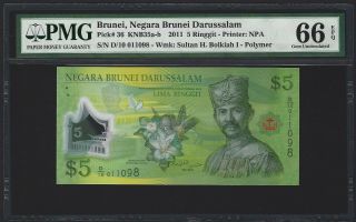 2011 Brunei $5 Ringgit Pmg 66 Epq Gem Unc,  P - 36,  2nd Of 2 Consecutive Examples