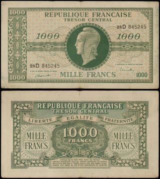 1944 1000 Francs - Wwii Tresor Central Government Note - 107