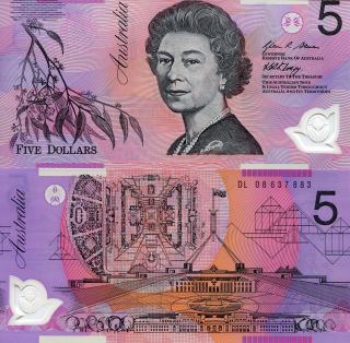 Australia 5 Dollars Banknote World Polymer Money Unc Currency Pick P57f 2008