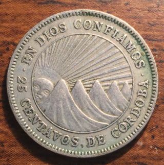 1954 Nicaragua 25 Centavos Radiant Sun & Mountains Coin