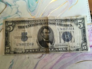 1934 B $5 Silver Certificate Five Dollar Bill Us Currency L74962150a