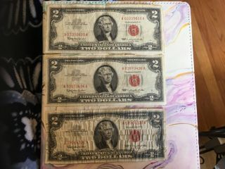 3 1963 $2 Red Seal Two Dollar Bill Us Currency A03335600a A03673436a A08066326a