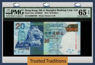 Tt Pk 212c 2013 Hong Kong 20 Dollars " Majestic Lion " Pmg 65 Epq Gem Unc