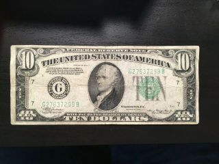 1934a $10 Ten Dollar Usa Federal Reserve Note Old Bill Money Frn Green