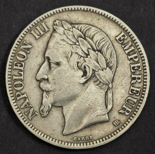 1867,  France (2nd Empire),  Napoleon Iii.  Large Silver 5 Francs Coin.  Vf