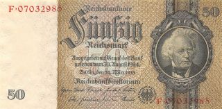 Germany 50 Reichsmark 30.  3.  1933 P 182b Series F Uncirculated Banknote