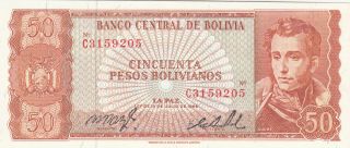 50 Pesos Unc Banknote From Bolivia 1962 Pick - 162