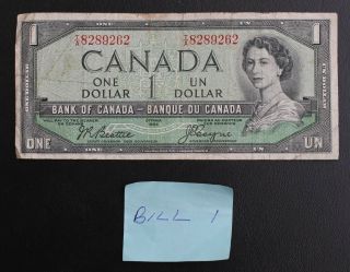 1954 Canada $1 Note; One Dollar Bill T/a8289262; Circulated