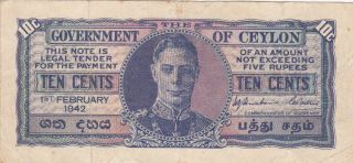 10 Cents Fine - Vf Banknote From British Colony Of Ceylon 1942 Pick - 43