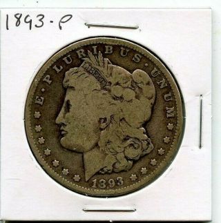 1893 - P Vg Key Date Morgan Silver Dollar From Estate.  Starts@ 2.  99