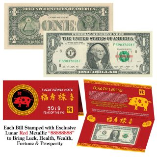 2019 Chinese Year Of The Pig Red Lunar Metallic Lucky 8 $1 Bill W/folder