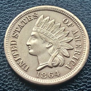 1864 Indian Head Cent No L One Penny Bronze Au - Unc Details 19414