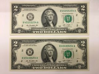 Two Uncirculated 2013 $2 Bill Radar Notes York B 45255254 A And B 45499454 A
