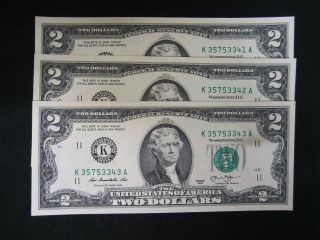 3 Uncirculated Crisp $2 Notes Two Dollar Bill Consecutive Serial Number