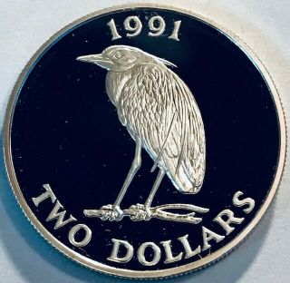 Bermuda - Yellow - Crowned Night Heron - Two Dollars 1991 - Proof Silver Crown