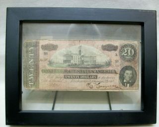 Antique Confederate Twenty Dollar Bill Note (1863) Under Glass In Frame