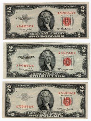 3 1953 Series Two Dollar Notes Red Seal - 1 Series A And 2 Series B Notes