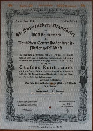 1000 Reichsmark 1942 Treasury Bond Of Germany - Series: 34048