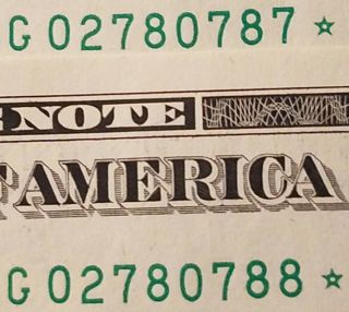 2017 Frn Chicago,  Il 1 Dollar Consecutive Star Notes G02780787,  G02780788