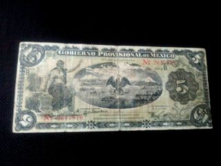 Mexico 1915 5 Pesos Govierno Provisiona Banknote,  Series B Paper Money