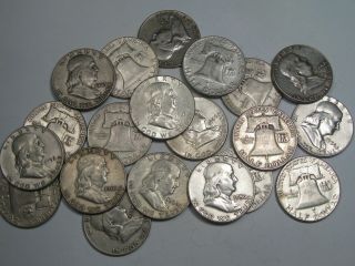 $10 Face (roll - 20 Coins) Silver Us Franklin Half Dollars.  22