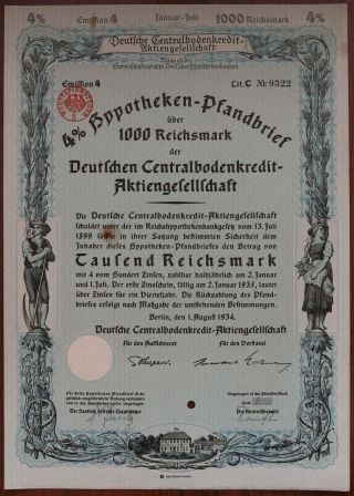 1000 Reichsmark 1934 Treasury Bond Of Germany - Series: 9322