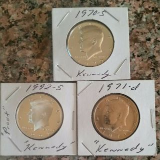 1970 S,  1971 D And1992 S Kennedy Half Dollars Silver