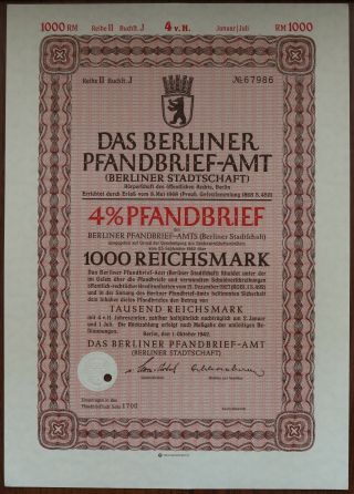 1000 Reichsmark 1942 Treasury Bond Of Germany - Series: 67986