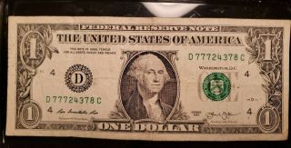 2013 $1 Us One Dollar Bill Fancy Triple Serial Number 777 Lucky 4 Of A Kind